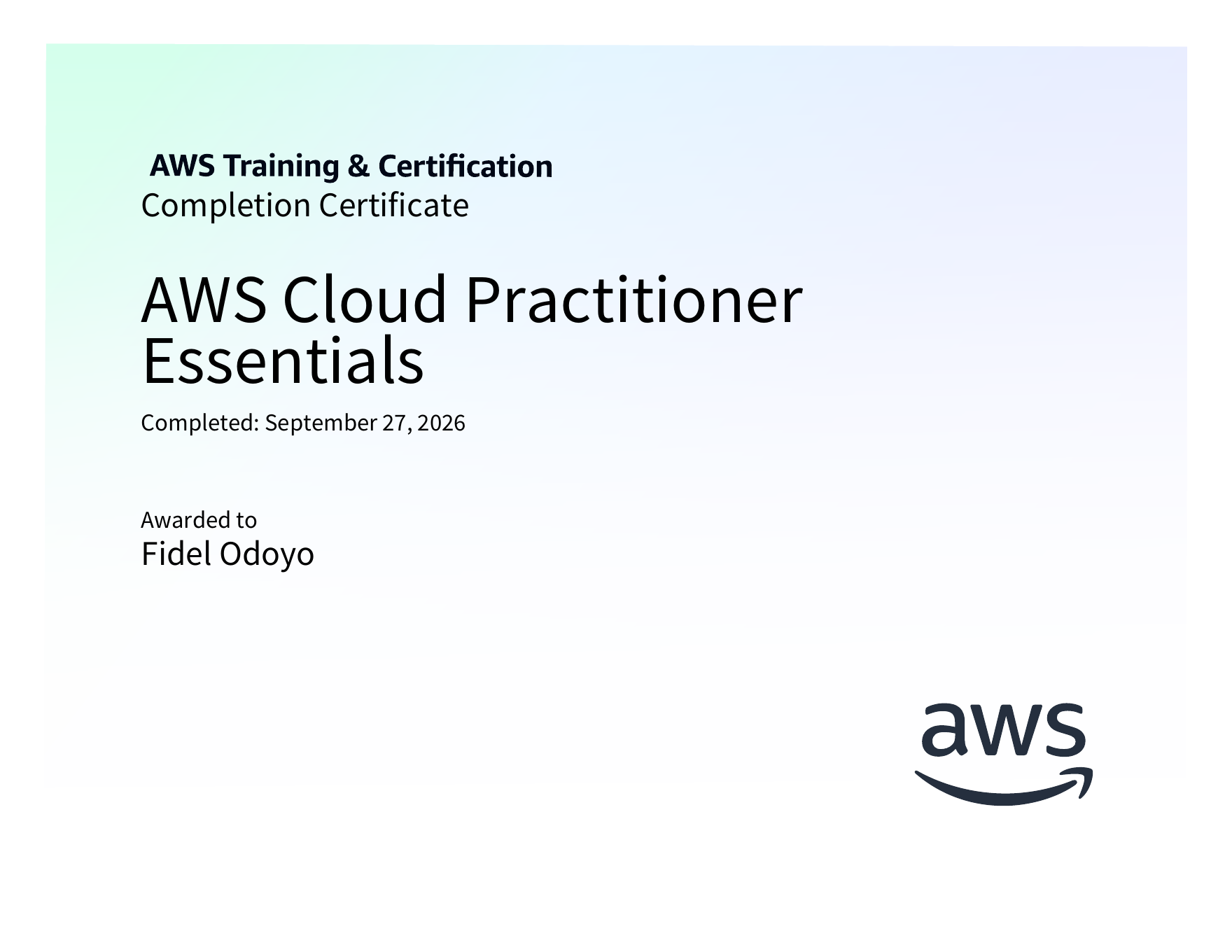AWS Cloud Practitioner Essentials completion certificate